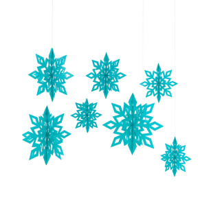 Anul Nou, Set de pandantive fulgi de zăpadă (mari, medii, mici), 6 buc., albastru, tridimensionale