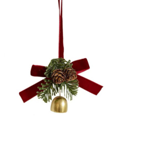 Pandantiv cu panglică roșie, crengi de brad și un clopoțel, 10*10 cm