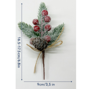 Creangă decorativă inzapezita cu fructe de pădure roșii și crengi de brad, 16*9 cm