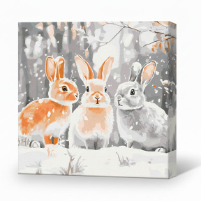 Iepurași în hăinuțe de iarnă, 40x40 cm, pictură pe numere