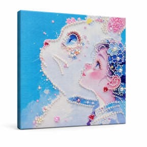 Pictură cu perle, 20x20 cm, Fată și pisica privesc cerul