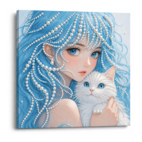 Pictură cu perle, 30x30 cm, Fată cu pisica albă