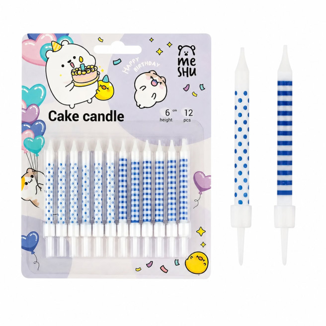 Lumânări pentru tort MESHU „Blue pattern”, asortate, 6 cm, 12 buc.