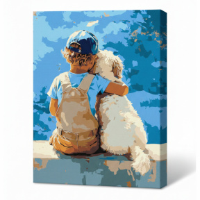 Băiat și câine, 30x40 cm, pictură pe numere