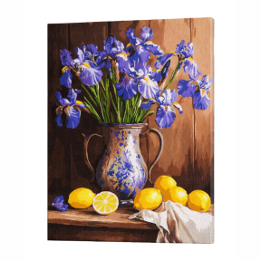 Irișii în vaza și lămâi, 40x50 cm, pictură pe numere
