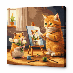 Pisică artist, 40x40 cm, pictură pe numere