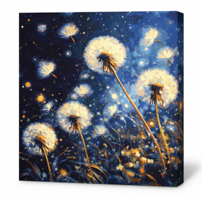 Păpădii zburătoare pe cerul de seară cu vopsele metalic extra, 40x40 cm, pictură pe numere