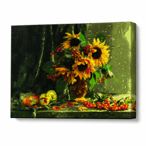 Floarea-soarelui și fructe, 40x50 cm, pictură pe numere
