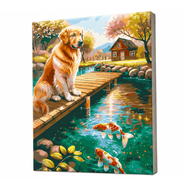 Câine și peștișori, 40x50 cm, pictură pe numere