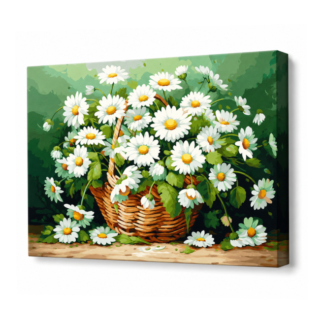 Coș cu romanițe, 40x50 cm, pictură pe numere