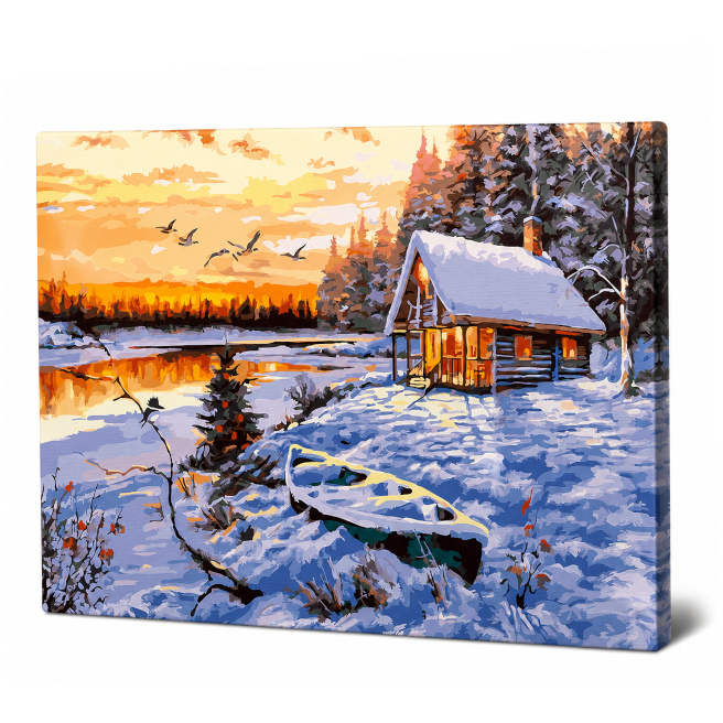 Căsuța pe malul unui lac înghețat, 40x50 cm, pictură pe numere