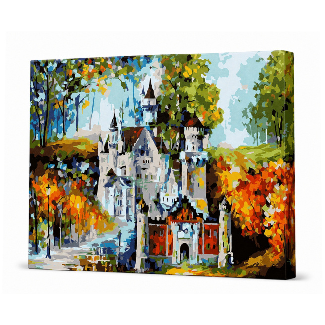 Castel în pădure colorată, 30x40 cm, pictură pe numere