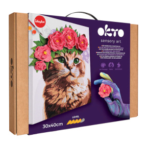 Tablou 3D din plastilină ușoară + tablou pe numere Okto, 30×40 cm, O pisică într-o coroană de flori