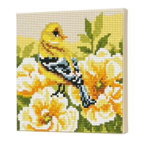 Желтая птичка на цветах, 20x20 см, Алмазная мозаика