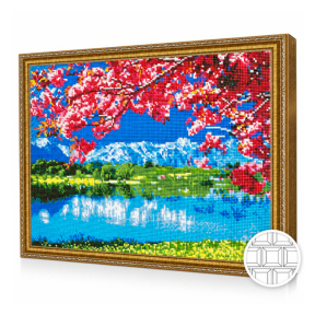 Copac înflorit și lac azuriu, 40x50 cm, mozaic cu diamante pătrate