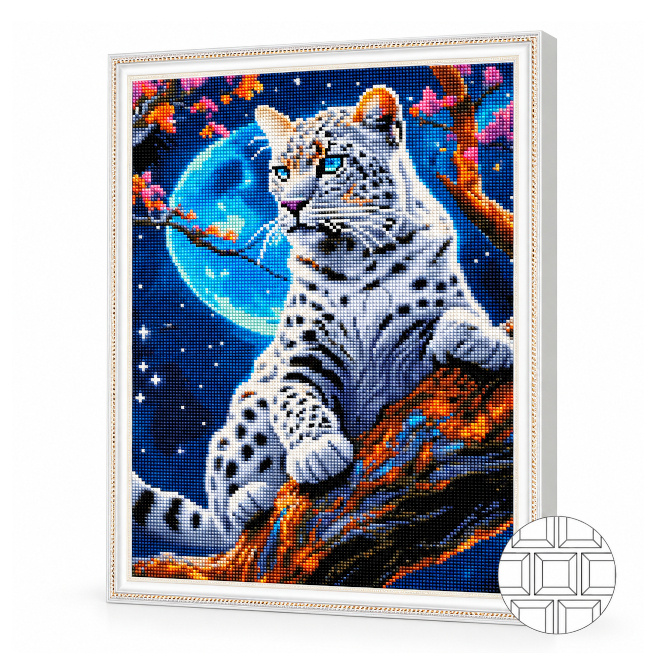 Leopardul zăpezilor la luna plină, 40x50 cm, mozaic cu diamante pătrate