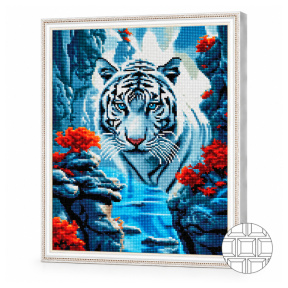 Tigru printre stânci, 40x50 cm, mozaic cu diamante pătrate
