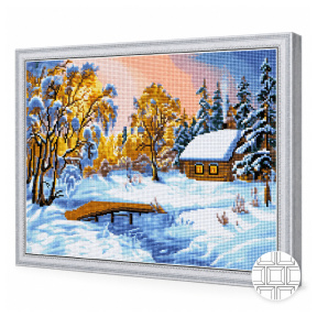 Căsuța în pădurea de iarnă, 40x50 cm, mozaic cu diamante pătrate