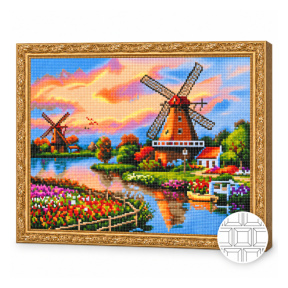 Мельницы у реки, 40x50 см, алмазная мозаика квадратная