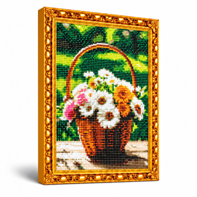 Cos cu gerbere, 30x40 cm, Mozaic cu diamante