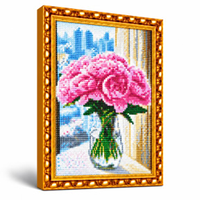 Bujori roz, 30x40 cm, Mozaic cu diamante