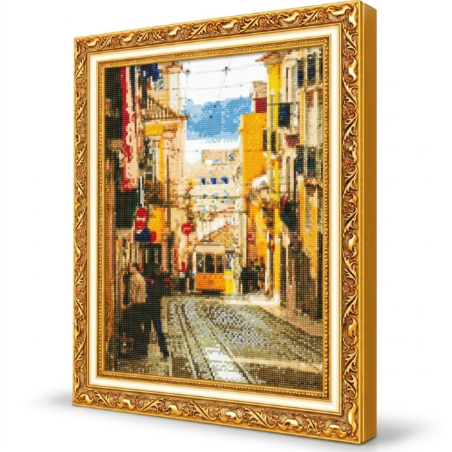 Tramvai in oras, 40x50 cm, Mozaic cu diamante