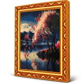 Сакура над озером, 40x50 см, Алмазная мозаика