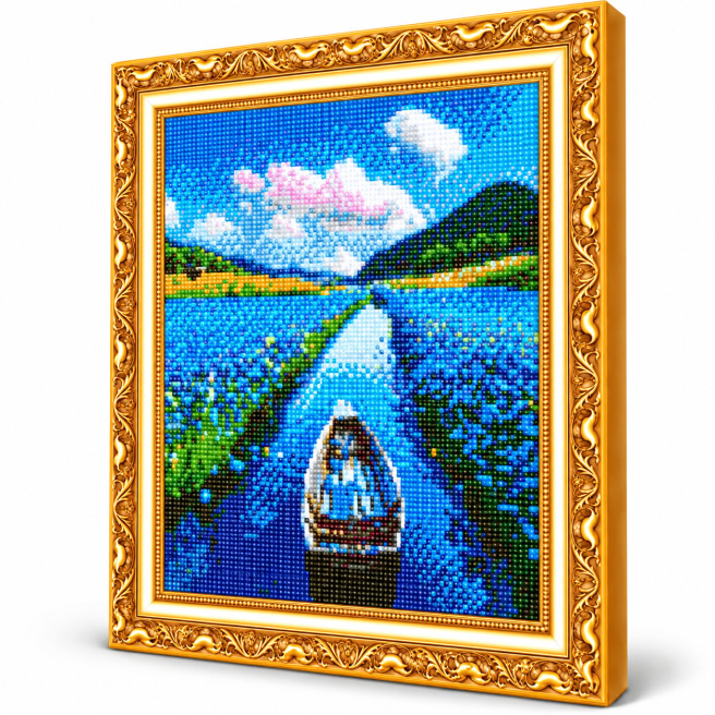 Barca pe rau, 40x50 cm, Mozaic cu diamante