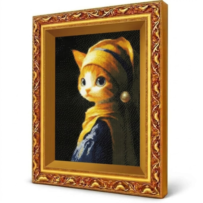Pisica cu cercel de perla, 40x50 cm, Mozaic cu diamante