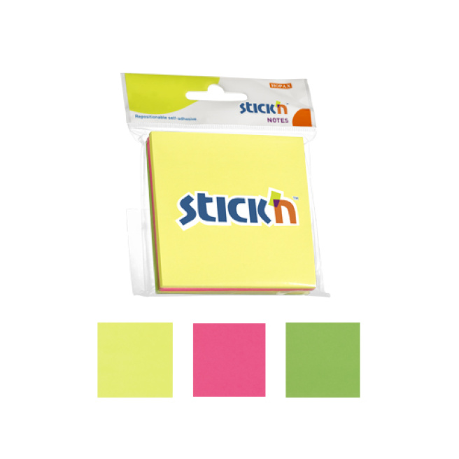 Блок для заметок STICKn, 76x76мм, (3 цвета) неон, 50 листов