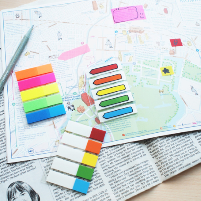 Index-uri din plastic STICKn, transparente+neon, 45x12 mm, 5 buc. x 20 file