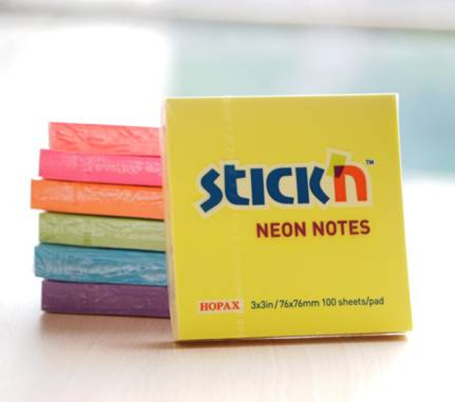 Hârtie pentru notițe, 76x76mm, 100 foi, STICK`N, neon galben