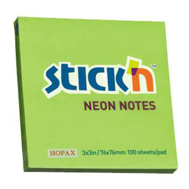 Hârtie pentru notițe, 76x76mm, 100 foi, STICK`N, neon verde