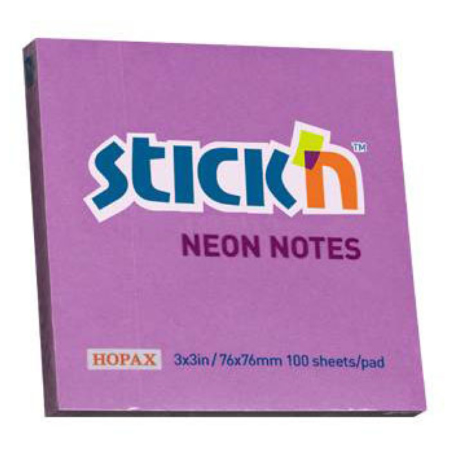 Блок для заметок 76x76мм/100л STICK`N, неон фиолетовый, 100 листов