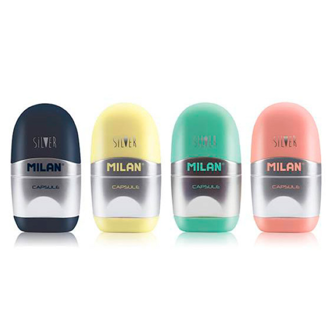 Точилка MILAN с контейнером + ластик "Capsule Silver"