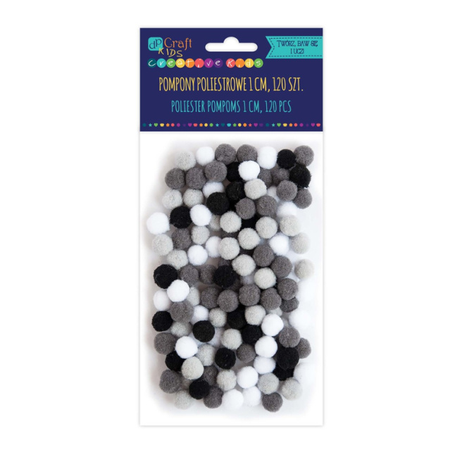 Pompoane poliester 1cm mix, alb-negru, 120buc.