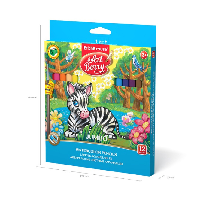 Карандаши цветные ArtBerry Jumbo акварельные, 12 шт. + точилка + кисть