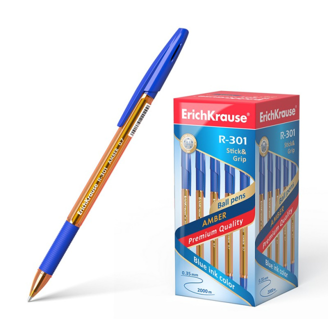 Ручка шариковая Erich Krause 0,7 мм Amber R-301, Stick&Grip, синяя