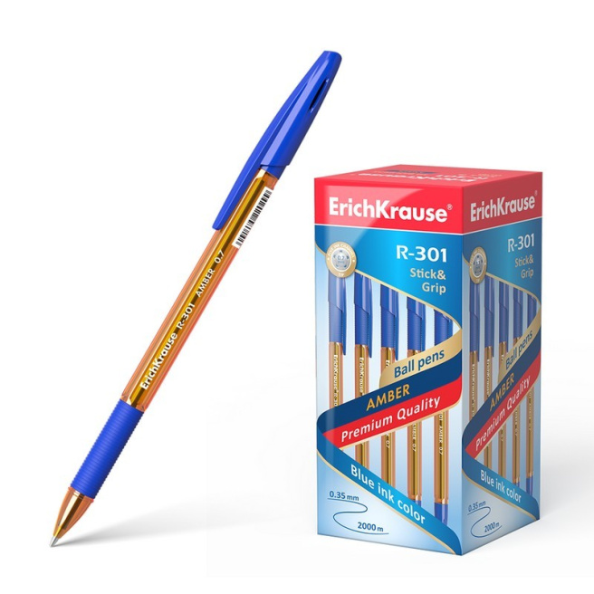 Ручка шариковая Erich Krause 0,7 мм Amber R-301, Stick&Grip, синяя